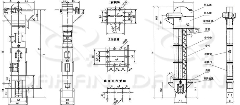 TD/D型斗式提升機基本結(jié)構(gòu):機頭蓋，機頭座，減速電機，直管，底座，緊張裝置等。