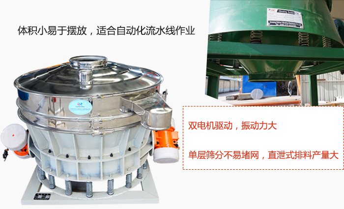 雙電機(jī)驅(qū)動，振動力大，單層篩分不易堵網(wǎng)，直泄式排料產(chǎn)量大