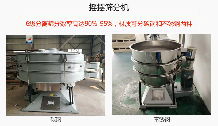 搖擺篩分機(jī)6級(jí)分離篩分效率高達(dá)90%-95%，材質(zhì)可分碳鋼和不銹鋼兩種。