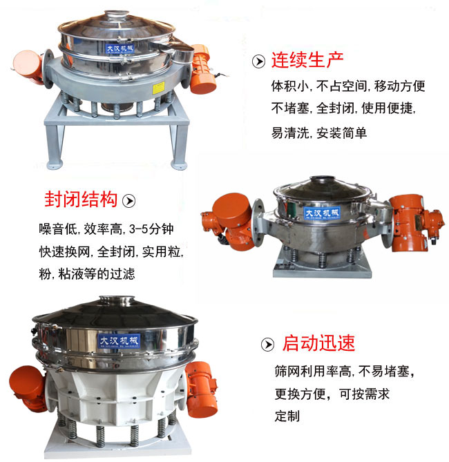 直徑1000mm直排篩特點：連續(xù)生產：體積小，不占空間，移動方便，不堵塞，全封閉，使用便捷，易清洗，安裝簡單。封閉結構：噪音低，效率高，3-5分鐘，快速換網，全封閉，實用粒，粉粘液等的過濾。啟動迅速：篩網利用率高，不易堵塞，更換方便，可按需求定制。